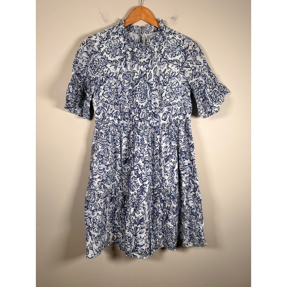 Sail to Sable Mini Dress Women XS Blue White Floral Ruffle Tiered Cotton preppy